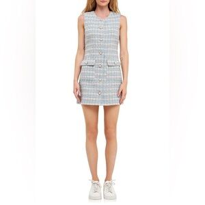 English Factory Blue Metallic Tweed Wool‎ Blend Dress Pearl Buttons Size Small